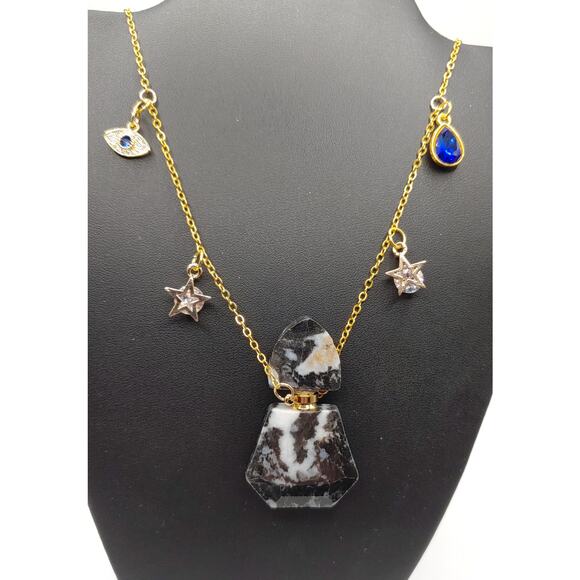 Handmade Zebra Jasper Bottle Necklace | 22" Gold Chain | CZ Charms NEW - Picture 1 of 6
